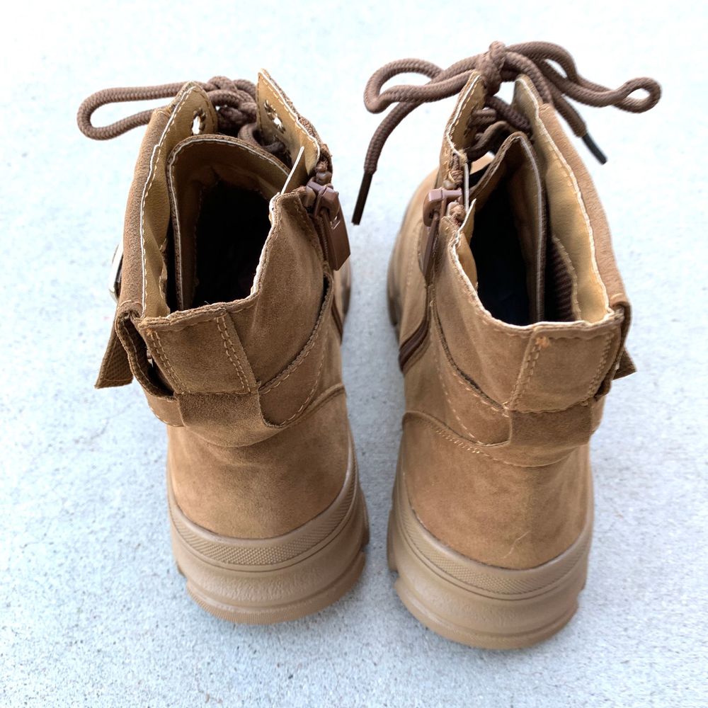 New Camel Brown Lace Zip Up Combat Moto Boots - Picture 5 of 7